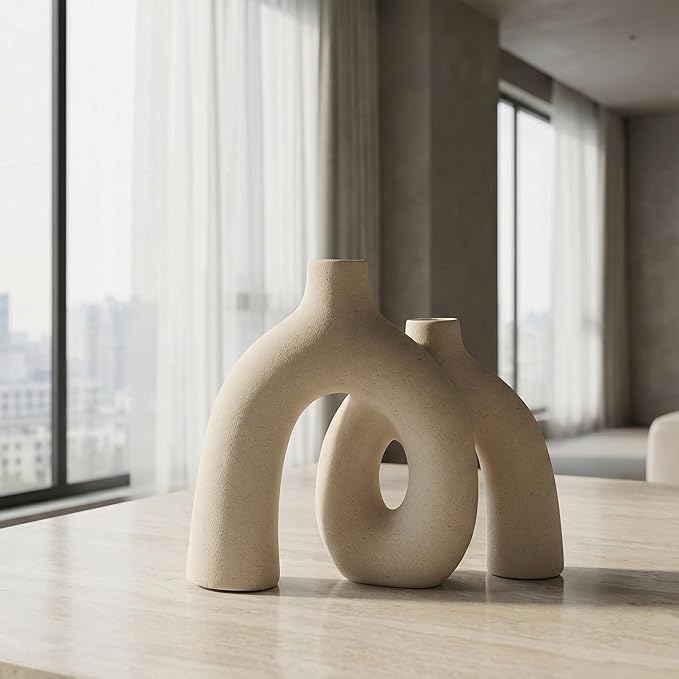 CEMABT Modern Nordic Boho Vase Set - Elegant Beige Matte Ceramic Home Decor for Living Room, Bookshelf, Mantel, Entryway Table & Console Décor | Shelf Decorations Easter Gift