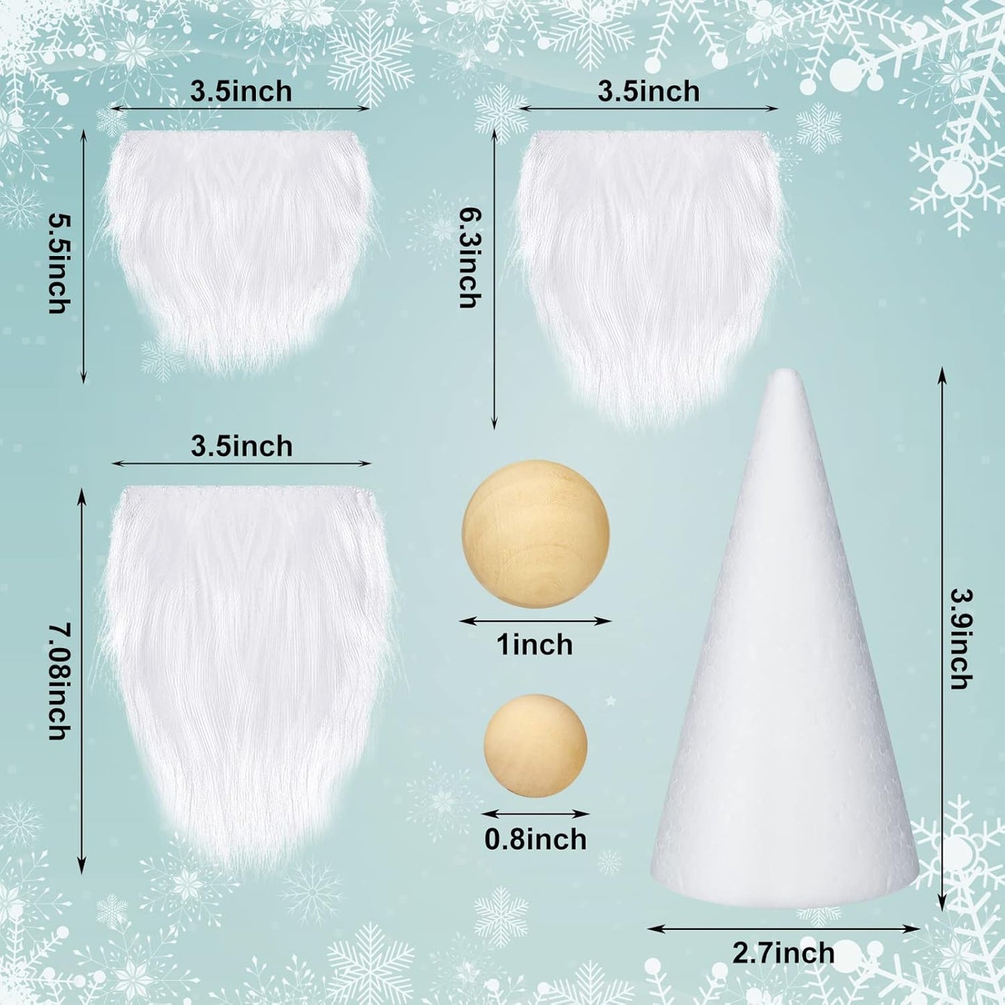 60 Pcs Gnomes Beard Sets Faux Fur Pre Cut Gnomes Beard Foam Cone Foam Handmade Wood Balls for Halloween Christmas Day Crafts(White)