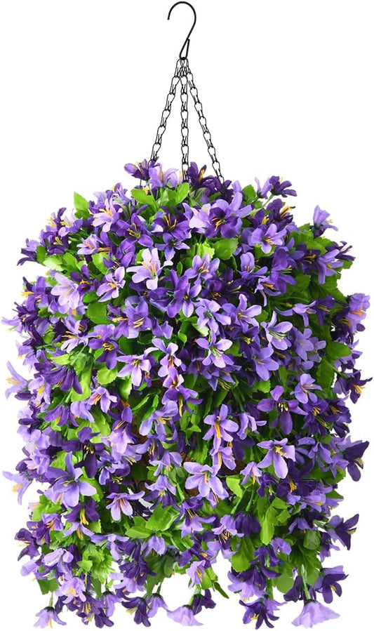 INQCMY Artificial Hanging Flowers in Basket for Outdoor Spring Summer Decoration,4pcs Faux Silk Violet in Planter UV Resistant for Outside Home Patio Garden Porch Deck Decor(Purple Orchid)
