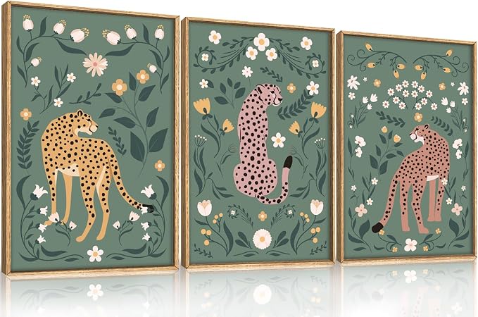 KAIRNE Sage Green Cheetah Framed Canvas Wall Art Set,Boho Leopard Floral Wall Decor,Abstract Animal Wildflower Art Prints,Modern Botanical Artwork for Living Room,Bedroom,Farmhouse,Office-24 x36 x3