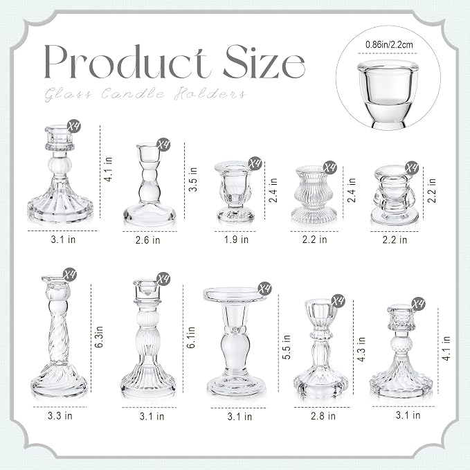 Mumufy 40 Pcs Glass Crystal Taper Candle Holders Clear Glass Candlestick Holder Fit 0.8 Inch Candles Crystal Decorative Candle Stand Centerpiece Table Wedding Dining Party (Classic,Clear)