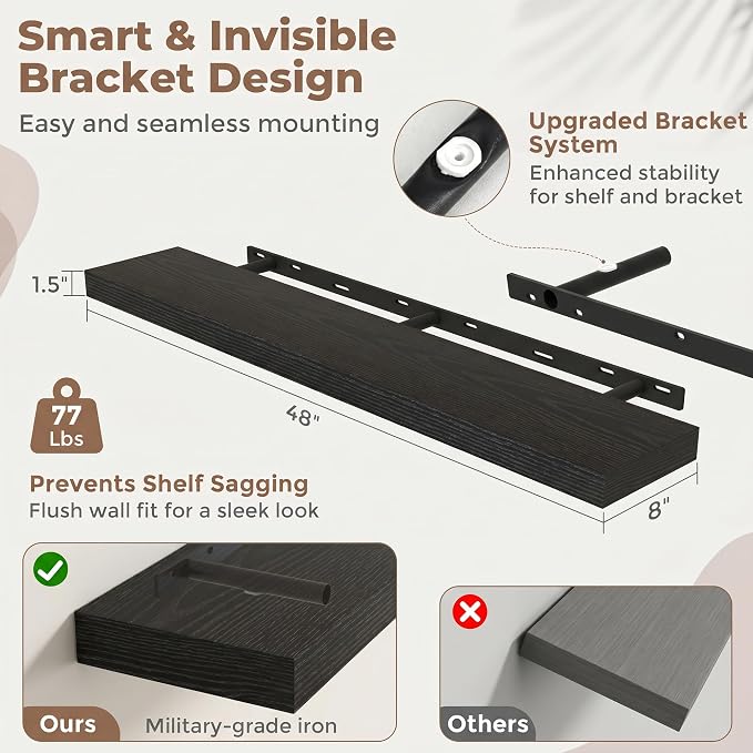 48 Inch Floating Shelves for Wall, 8"D Wood Storage Shelves, Black Finish | Engineered Wood, Invisible Bracket, Large Storage, Easy Install, Hold Up to 77lbs, Living Room, Bathroom, Bedroom, Kitchen