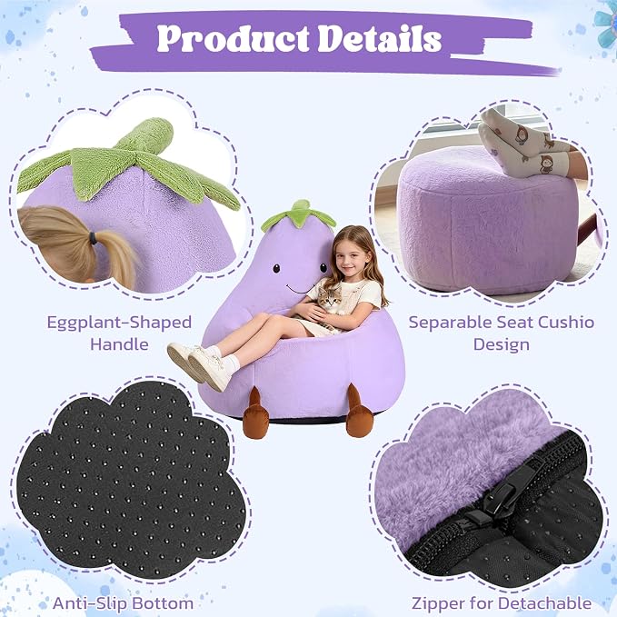 31 Inches Memory Foam Bean Bag Chair - Ultra Soft Faux Rabbit Fur Round Sofa with Handle & Machine Washable Cover, Eggplant-Shaped Kids Reading Chair for Bedroom, Living Room and Playroom, Purple
