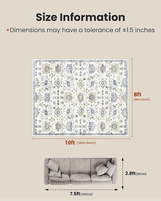 AMADA HOMEFURNISHING 8x10 Washable Area Rug, Low-Profile Large Area Rug with Non-Slip Backing & Durable Edge Binding, Vintage Large Rugs for Living Room, Bedroom, Dinning Room