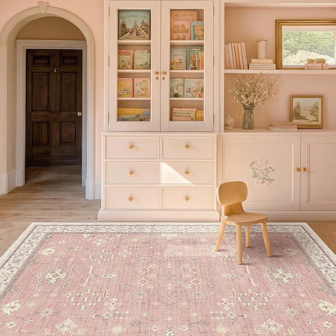 Blush Pink Girls Rugs for Bedroom - Nursery Floral Area Rug 5x7, Machine Washable Non Slip Kids Playroom Play Mat, Vintage Thin Low Pile Carpet for Living Room, Dorm