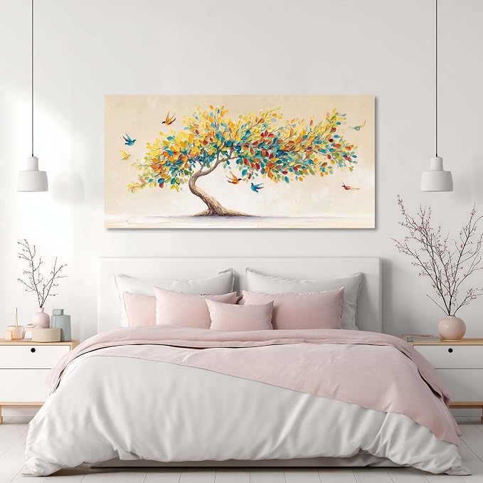 Ggaafet Bright Colorful Tree Wall Art for Living Room Canvas Oil Painting Prints Beautiful Tree of Life Art Deco Modern Artwork Office Bedroom Family Dining Room Decor Extra Large