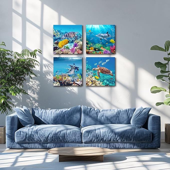 Canvas Wall Art for Living Room- family Bedroom Canvas Pictures Artwork Bathroom Wall Decor- 4 Panels Coral and Sea Fish and Turtles Ocean Theme Stretched and Framed Ready to Hang Modern Home Decor