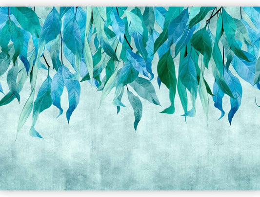 artgeist Premium Wall Mural Hanging Leaves 138x101 in - Non-Woven Wallpaper Fleece Wall Decor Photo Print Picture Image Design Nature Botanical Concrete Green Blue b-C-10146-a-b