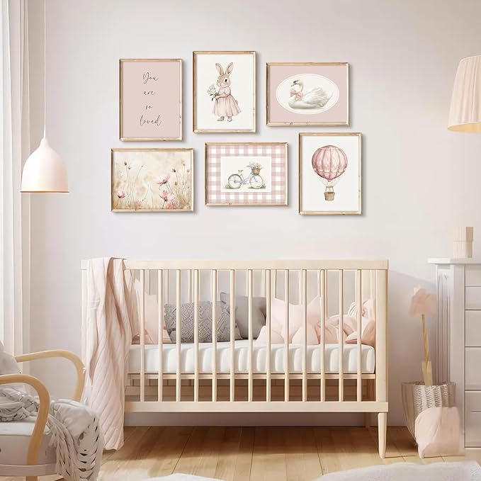 Pink Nursery Wall Art Decor Baby Girl Room Pictures Vintage Nursery Canvas Wall Decor Bunny Prints Floral Swan Poster Cute Rabbit Painting Artwork for Toddler Girls Bedroom 12x16x6 Inch Unframed