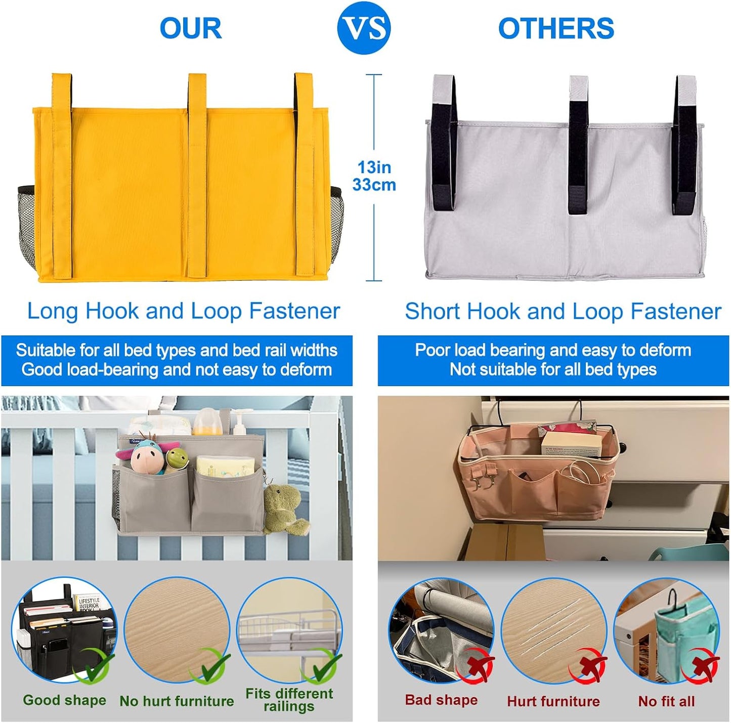 Surblue Caddy Hanging Organizer Bedside Storage Bag for Bunk and Hospital Beds, Yellow, L