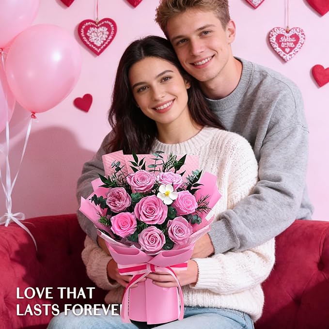 Forever Rose Flowers for Delivery, 8-Piece Preserved Roses Bouquet Birthday Gifts for Women, Long Lasting Purple Roses with Gift Box for Mom, Forever Flowers with Vase for Her Wife Girlfriend