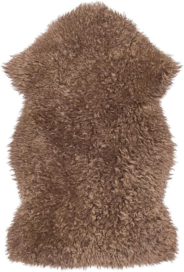 Genuine Sheepskin Rug – Soft & Fluffy Curly Hair Single Pelt (2' x 3') Dark Beige Lambskin Area Rug for Bedroom or Living Room – Made in Argentina