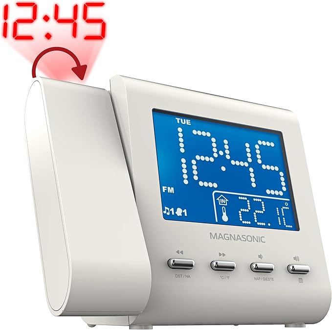 Magnasonic Projection Alarm Clock with AM/FM Radio, Battery Backup, Auto Time Set, Dual Alarm, Nap/Sleep Timer, Indoor Temperature/Date Display with Dimming & 3.5mm Audio Input - White (EAAC601W)