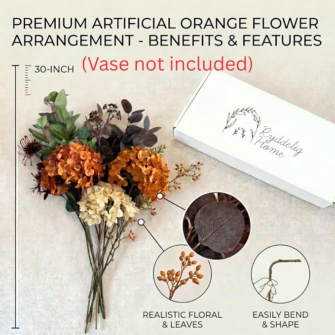 Faux Arrangement - Burnt Orange Hydrangea & Eucalyptus Stems, Fall Centerpieces for Tables, Large Floral Arrangement, Real Touch Artificial Fall Flowers for Thanksgiving & Autumn Dining Table