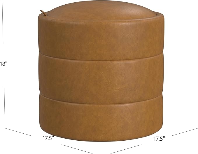 HomePop Storage Round Ottoman with Removable Lid |Homepop Home Décor|Upholstered Round Velvet Foot Rest Ottoman - Carmel Faux Leather