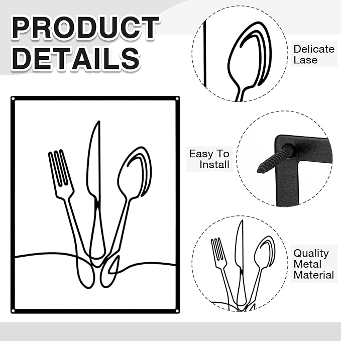 Otoolling 3 Pieces Metal Minimalist Line Kitchen Signs Wall Decor Drawing Rustic Kitchen Wall Art for Dining Living Room Home, 14 x 11 Inches(Dining Room,Black)