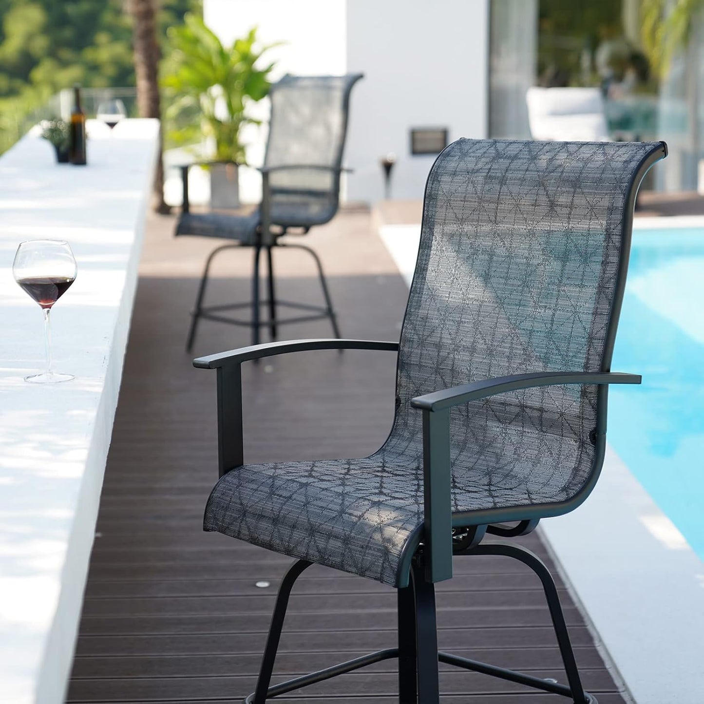 Grand patio 3 Piece Counter Height Patio Bar Set, Modern Round Bar Table and Swivel Bar Stools for Outdoor Kitchen Bistro Small Space Restaurant (Black&Grey Plaid, 3PC)