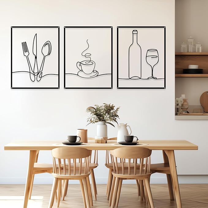 Otoolling 3 Pieces Metal Minimalist Line Kitchen Signs Wall Decor Drawing Rustic Kitchen Wall Art for Dining Living Room Home, 14 x 11 Inches(Dining Room,Black)