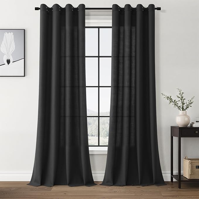 Black Linen Curtains 90 Inch Long for Living Room Bedroom Modern Rustic Elegant Minimalist Sunlight Filtering Curtain Grommet Textured Semi Sheer Window Drapes for Dining Room Office 52X90, 2 Panel