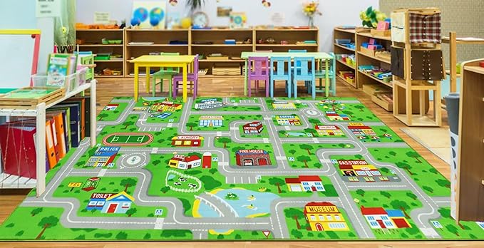 Capslpad Green Car Road Kid Rug Carpet Playmat for Playoom Traffic Road Kids Play Mat for Toddler Non Slip Washable City Map Race Track Carpet Rug for Kids Room Playroom Classroom Decor,6.6'x9.8'