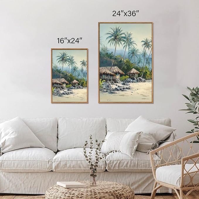 Rantodecor Tropical Coastal Framed Canvas Wall Art, Beach Landscape Posters Wall Decor, Island Palm Trees Beach House Art Paintings, Seascape Mountains Artwork for Bedroom Living Room Office 24"x36"x3