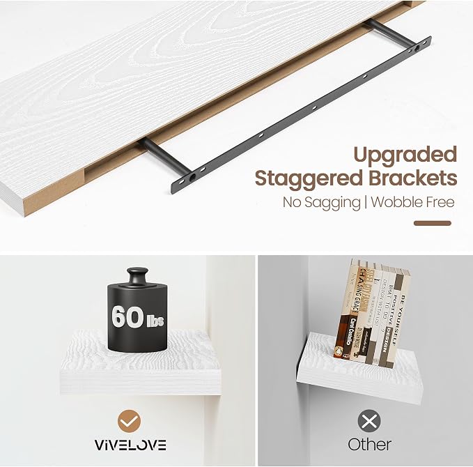 Vivelove White Floating Shelves 48 Inches Long, Wall Display Shelves with Invisible Brackets, for Bathroom Living Room Kitchen Bedroom Office Farmhouse Home Decor, 48x9.3X 1.5 - Set of 2, White