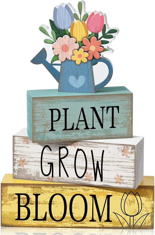 Moucuny 4 Pcs Spring Table Decorations Flower Wooden Signs Spring Tiered Tray Decor Wooden Flower Kettle Block Signs Pastel Table Centerpieces Decor for Home Kitchen Shelf