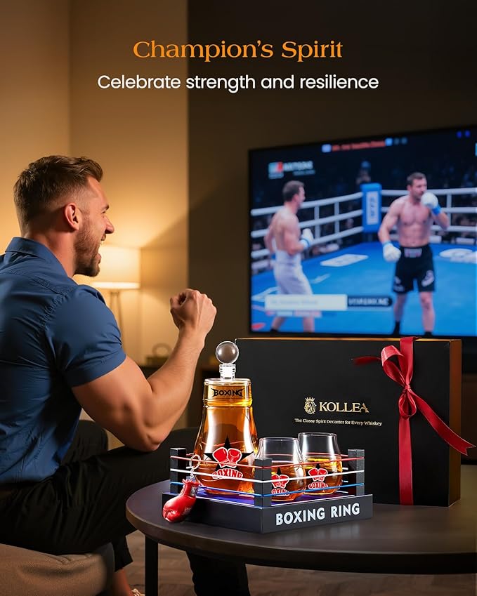 Gifts for Men Dad, Kollea Boxing Whiskey Decanter Set, 31 Oz Decanter with 2 Boxing Glove Glasses, Cool Anniversary Birthday Gifts for Men, Brother, Him, Guys, Whiskey Lovers & Boxing Fans - Black