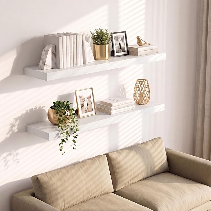 Vivelove Wall Floating Shelves for Display with Invisible Brackets, 24 Inch Floating Shelves for Bedroom Bathroom Living Room Kitchen Office, 24”X 8" X 1.4", Set of 2 - White