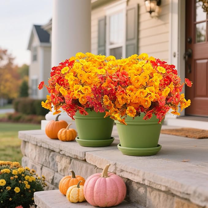 Grunyia 16 PCS Outdoor Fall Artificial Flower - Autumn Thanksgiving Halloween Porch Decor, Faux UV-Resistant Plants for Front Door, Wall, Fence, Fireplace Mantel Decorations