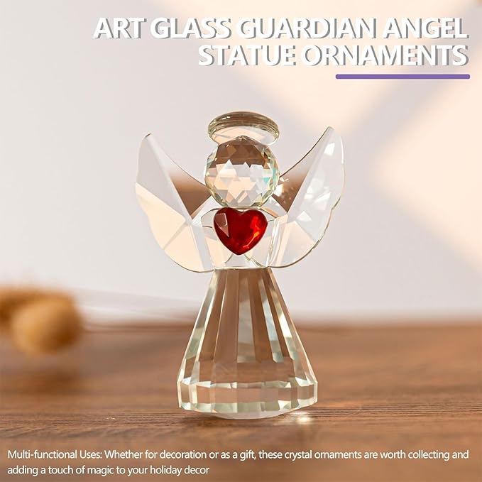 Glass Angel Figurines Crystal Angels Statue 3in Art Glass Guardian Angel Heart Paperweight Ornaments Valentines Gifts for Women