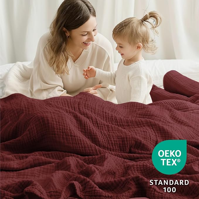 100% Cotton Muslin Blanket Twin 60" x 80", Breathable and Lightweight Cotton Twin Blankets for Couch, Soft Cooling Summer Gauze Blanket for Adults All Season, Burgundy