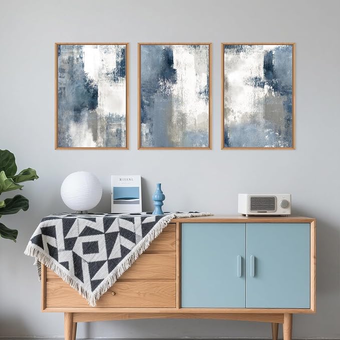 LHIUEM Large Abstract Brush Strokes Framed Canvas Wall Art Set,Navy Blue and Gray Wall Decor,Modern Color Block Shape Artwork,Minimalist Neutral Blue Printing for Living Room,Bedroom, Office-24''x36''x3