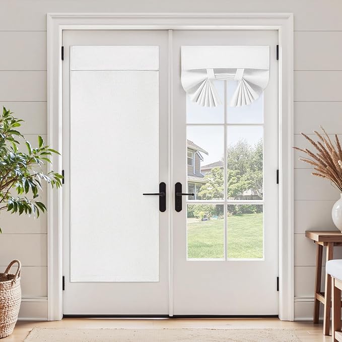 HOMEIDEAS 100% White Linen Blackout French Door Curtains, Privacy Door Window Curtains, 30 X 68 Inch Room Darkening Blinds, Thermal Insulated Shades for Bedroom, 1 Panel