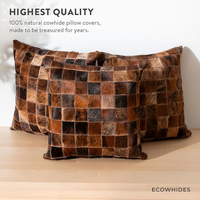 ecowhides 100% Genuine Brazilian Cowhide Patchwork Pillow – Brindle Handcrafted Design – Double-Sided – Luxury Leather Decorative Cushion for Rustic & Western Home Décor – 20” x 20”