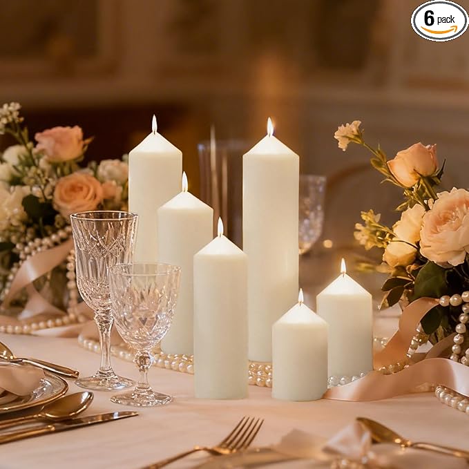 6 Pcs White Pillar Candles Bulk Set，2x3 2x6 2x8 Inch - 2 Each Size，Hurricane Candles，Dripless Unscented Smokeless，Gives You a Better Atmosphere When Organizing an Event Party.