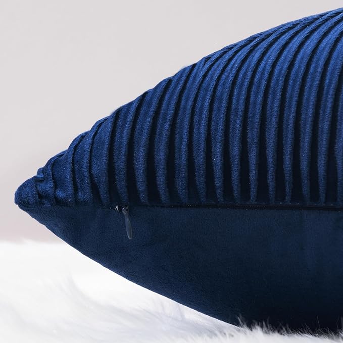 YCOLL Navy Blue Pillow Covers 18x18 Set of 2 Velvet Striped Pattern - Soft Throw Pillows for Home Decor, Luxury Decorative Pillow Covers for Couch, Bed,Living Room