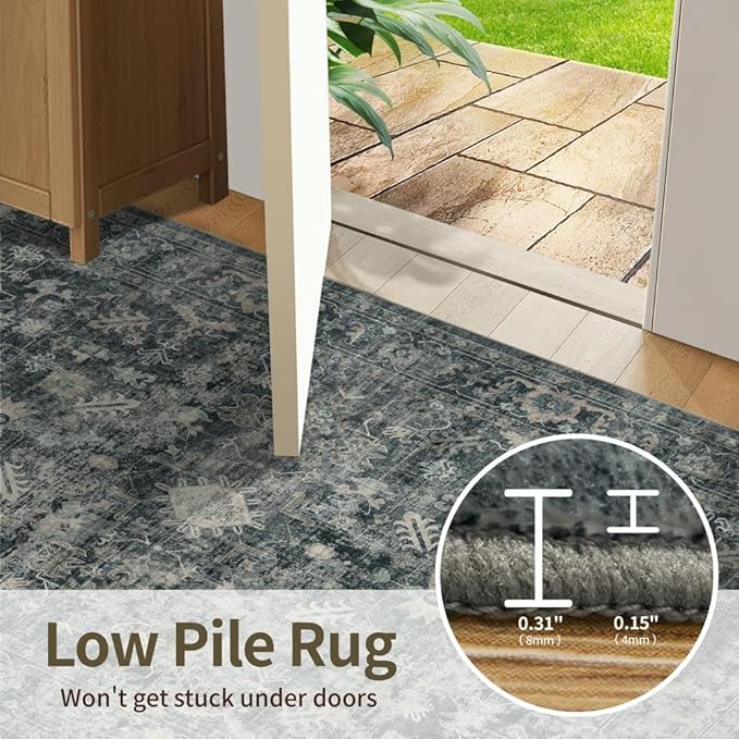 Rugxara 5x7 Area Rugs for Living Room Bedroom, Blue Washable Rug, Vintage Retro Boho Rug, Non Slip & Low Pile Faux Wool Thin Carpet for Indoor Dining Room and Kids Room(Blue 5x7ft)