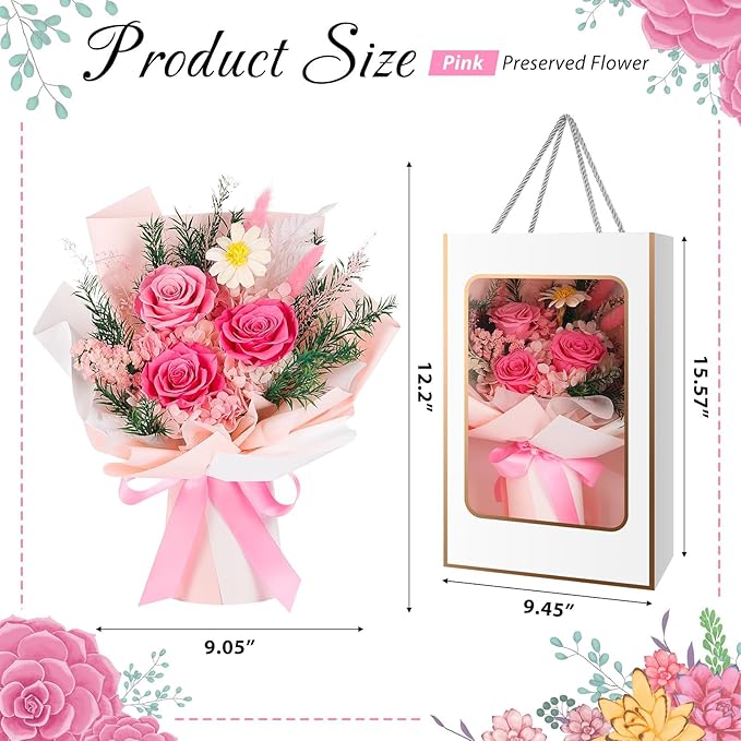 Flowers for Delivery Prime, Mothers Day Gifts for Mom,Preserved Flowers Bouquets, Pink Rose Birthday Gift for Women Wife Girlfriend Grandma, Real Forever Flower for Valentines Day Anniversary