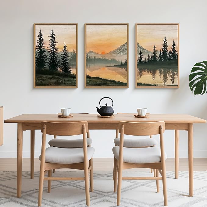 LHIUEM Nature Mountain Sunset Framed Canvas Wall Art,Boho Pine Trees Wall Decor,Sunset Forest Lake Painting,Modern Landscape Artwork for Living Room,Bedroom,Dining Room -24"x36"x3