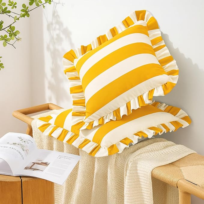 MONDAY MOOSE Decorative Throw Pillow Covers, Set of 2 Water-Resistant Striped Design with Ruffle Edge for Outdoor/Indoor Use, Pillow Inserts Not Included (20x20 inch, Golden Yellow/White)