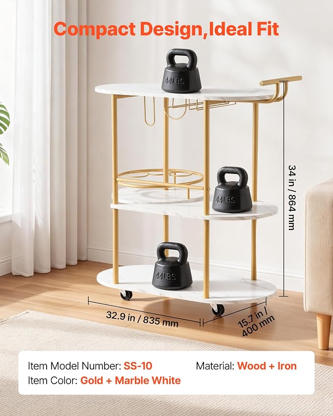 VEVOR Bar Cart, 3 Tiers Home Kitchen Serving Carts, Modern Round Rolling Utility Station on Wheels, Mobile Drink Beverage Trolley w/Wooden Shelf, Wine Rack, Glass Holder, for Living Dining Room, Gold
