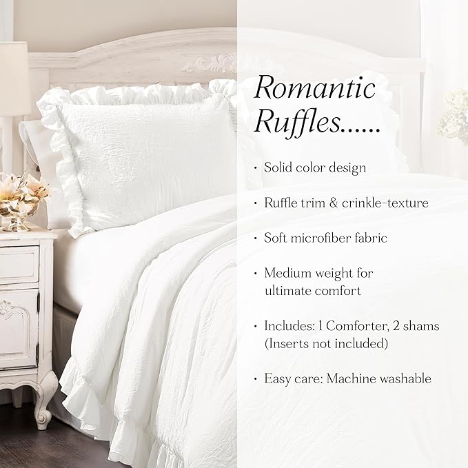 Lush Decor Reyna Ruffle Comforter Set - 3 Piece Full/Queen Size Ruffle Comforter Set - Elegance for Bedroom - Full/Queen, Pure White