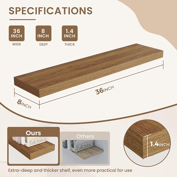 Dreamland 36 Inches Floating Shelves for Wall, 8" Deep Long Floating Shelves Set of 2, Large Display & Storage Shelf, Wall Shelf for Bathroom Bedroom Living Room Kitchen Office, Walnut