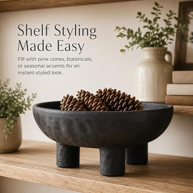 Black Concrete Decorative Bowl, 12 Inch Large Footed Bowl for Home Decor, Heavyweight Pedestal Bowl, Matte Black Centerpiece Bowl for Coffee Table, Shelf, Console, Entryway, Outdoor Styling