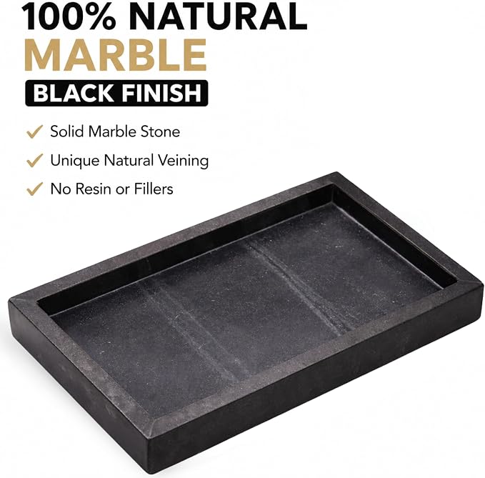 Natural Marble Tray, Black, 10" x 6", Rectangular | Bathroom Vanity Desktop Organizer, Stone Material, For Coffee Table Dresser Nightstand