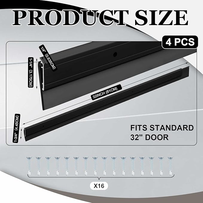 FoldTier 4 Pcs All-Season Door Sweeps for Bottom of Exterior and Interior Door, Aluminum Alloy and Rubber, Ideal for Residential & Commercial Use (1-3/4 x 32 Inch,Black)