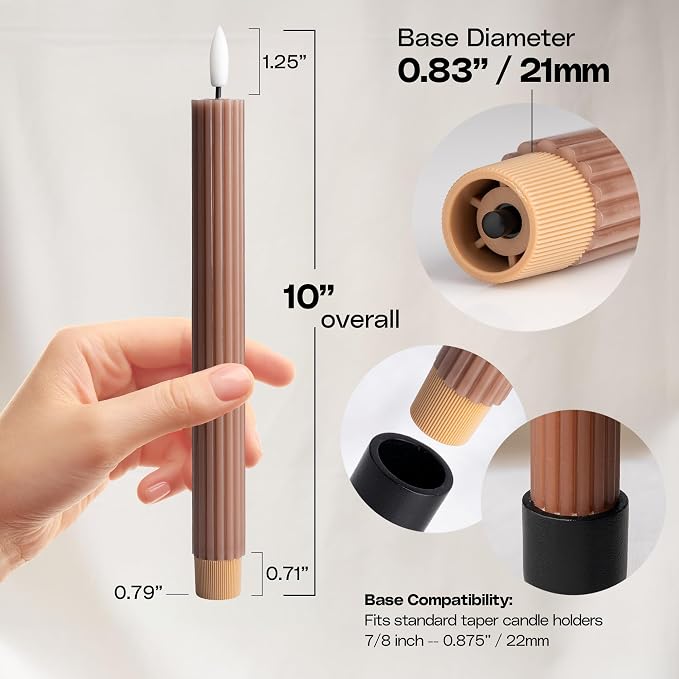 6 Pack, 10" LED Flameless Real Wax Brown Tan Fluted Ribbed Grooved Taper Candles, Remote & 24h Timer Memory, On/Off Button, Dimmable, Flicker Mode, Battery Operated, Wedding