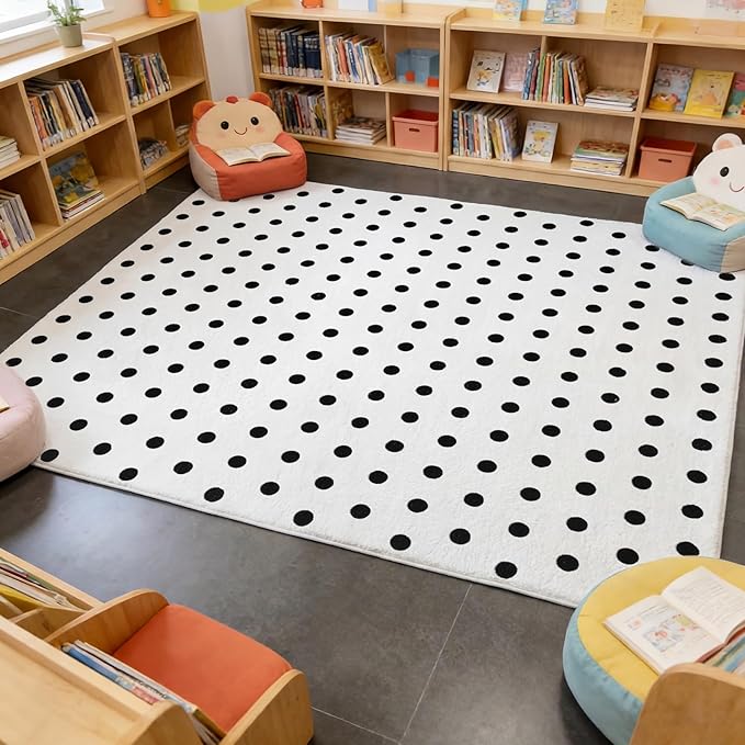 3.3 x 4ft Calming Corner Items Calm Down Classroom Rug Black and White Polka Dots Reading Corner Soft Fluffy Rug Anti-Skid Floor Mat for School Living Bedroom Playroom