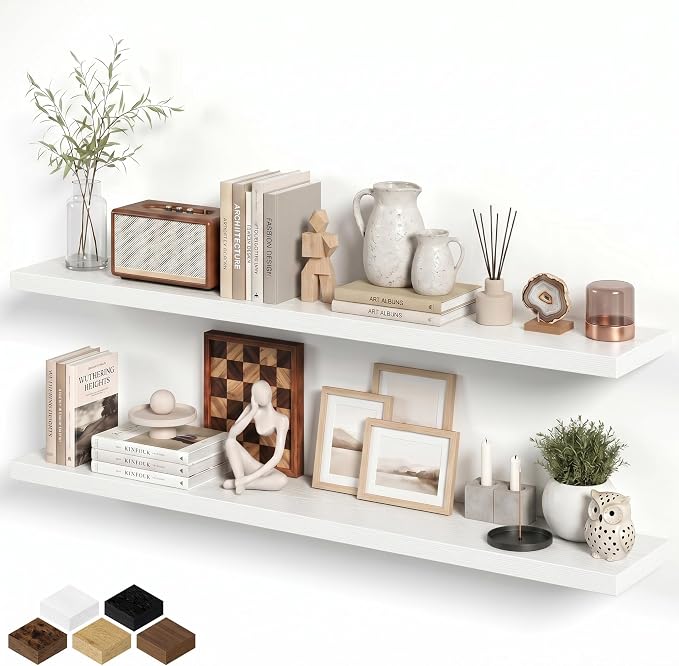 Floating Shelves for Wall, 66 Inch Floating Shelves Set of 2, Wall Mounted Rustic Wood Shelf for Bathroom, Living Room, Bedroom and Kitchen, Hanging Shelf for Storage, Books, Home Decor, White